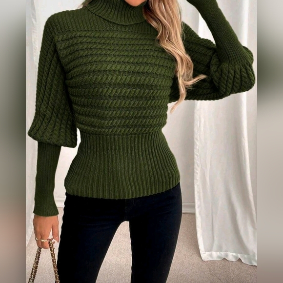 New Glam Cable Knit Turtleneck Sweater Top Leg Of Mutton Olive Green - Picture 4 of 8